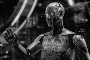 AI robot working on AI recruitment on a holographic screen