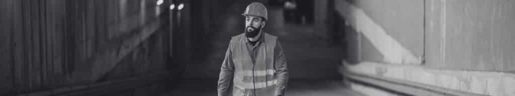 Skilled trades worker walking up a parking garage ramp